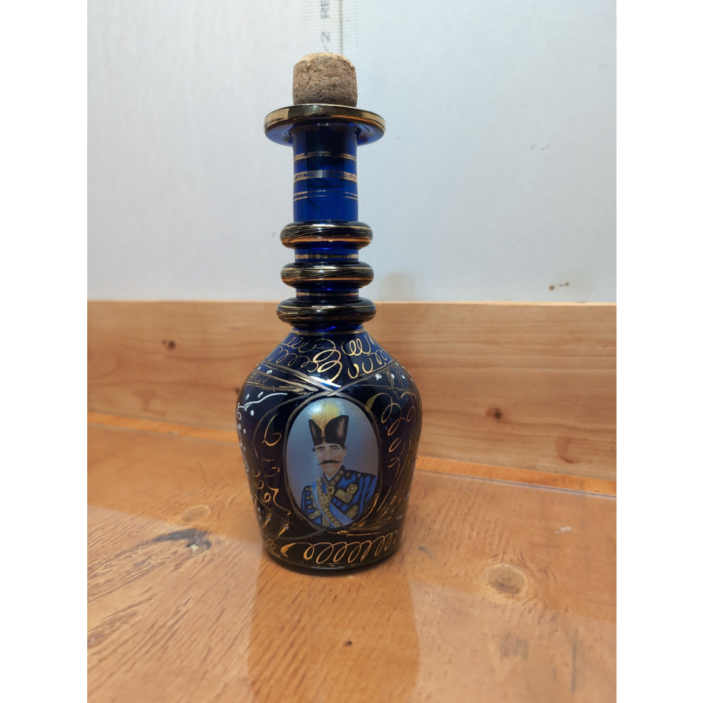 Vintage Bohemian Cobalt Blue Glass Decenter Bottle Persian Mosser Overlay Enamel